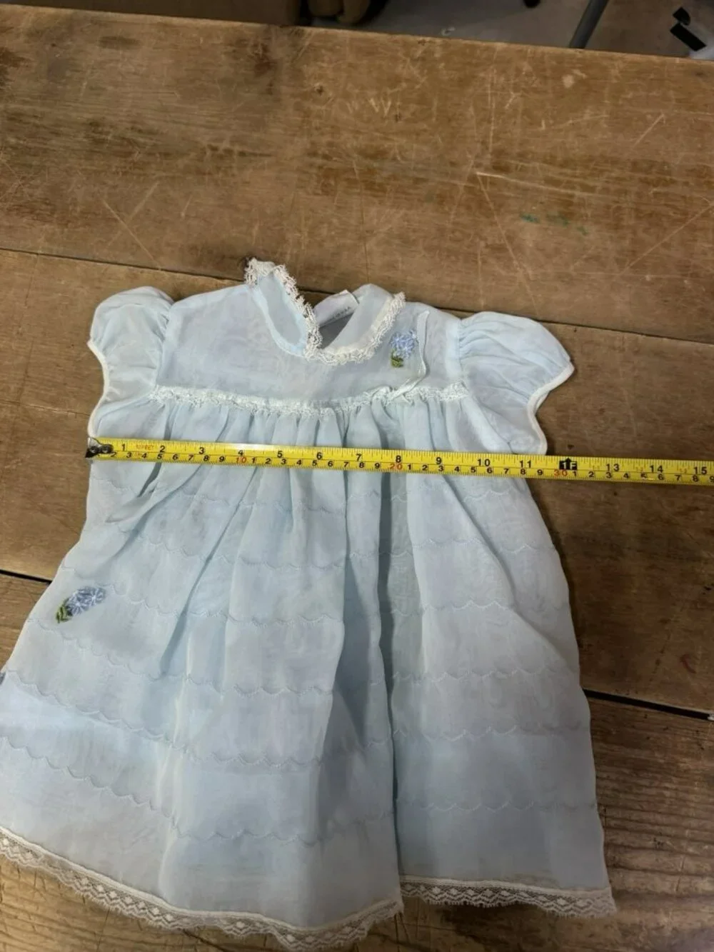 Vintage 1950s Nannette Shirley Temple Blue Baby Dress Lace Chiffon Sheer FIT 12M
